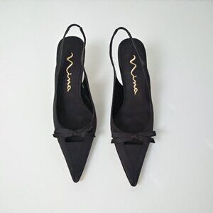 Nina Black Satin Slingback Pump Evening Formal Pointed Toe Bow Detail Size 8M